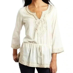Lucky Brand Top Boho Cream Metallic Gold Embroidered Women's  size Extra Small